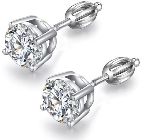 Men Diamond Earrings Screw Back Earrings CZ Diamond Earrings for Men Sterling Silver Stud Earrings with Screw Back Round Cut Cubic Zirconia Earrings for Women Men Earrings Studs CZ Earring 4MM