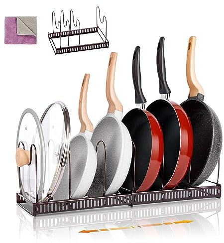 Myiosus Pan Organiser for Cupboard, Expandable Pots and Pans Organiser Rack with 7 Adjustable Dividers, Saucepan Storage & Pan Lid Holder for Drawer, Kitchen Cabinet, Pantry, 30-58.5cm Width