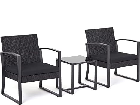 Mondeer Rattan Garden Furniture Set Ensemble de Meubles de Jardin, Rotin Plat, Tube d'acier, Verre trempé, Polyester, Noir, Chair: 59 x 53 x 73,5 cm