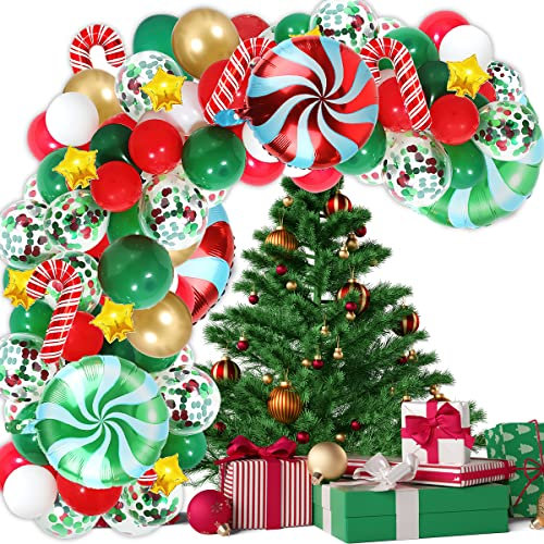 Weihnachtsballons Girlande, FainFun 113 Stück Weihnachts Luftballons Girlande Kit, Latex Luftballon Girlande Weihnachts Deko, Zuckerstangen Folienballons, Ballonbogen für Weihnachten Dekoration