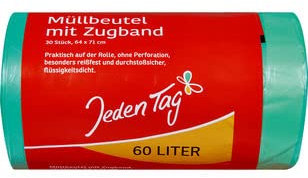 Jeden Tag Zugband Müllbeutel 60l, 15er Pack (15 Rollen a 30 Müllbeutel)