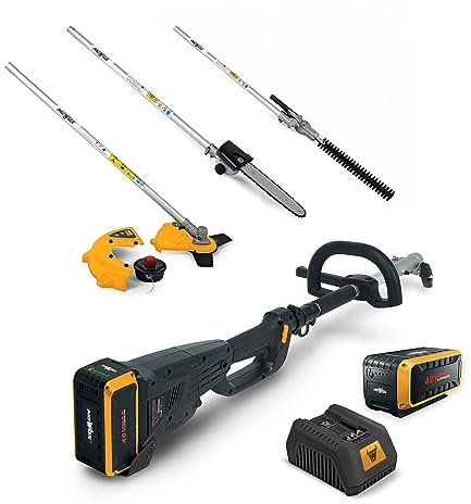 Mowox® EBC 40 Li Set + Starter Set 1 40V 4-in-1 Gartenpflege Multitool-Set mit Rasentrimmer, Motorsense, Kettensäge und Teleskop-Heckenschere (40V /4 Ah/Schnelllader)