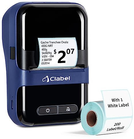 CLABEL Etikettendrucker 230B Bluetooth Beschriftungsgerät Selbstklebend, 300DPI Thermo Tragbarer Etikettiergerät Kompatibel mit iOS und Android für Barcode Büro Label Printer mit 1 Roll Etiketten