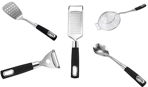 Royal Cuisine Set of 5 Stainless Steel Silicone Coated Kitchen Gadgets Including Fish Slice, Cooking Spoon, Cheese Grater, Skimmer Spoon and Potato Peeler-Kitchen Tools