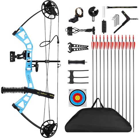 MOTION ZEUS Junior Compounnd Bow Set for Youth & Kids,Beginners and Women Bow Draw Length 16-28,Draw Weight 10-40Lbs,290fps，Adjustable (Blue)