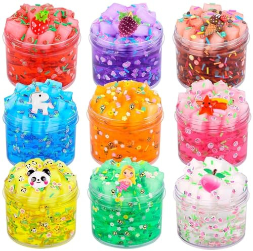 Paquete de 9 cubos de gelatina de Navidad, kit de fabricación de slime esponjoso transparente para fiestas, dijes de cristal crujientes para niñas y niños, slime Boba de cumpleaños para niños