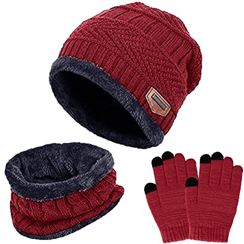 TMEOG Wintermütze Kinder Schal Handschuhe set, Strickmütze Kleinkind Loop Schal mit Fleece Futter Touchscreen Handschuhe Mütze, Schal & Handschuh-Sets für Jungen Mädchen 5-10 Jahre(rot)