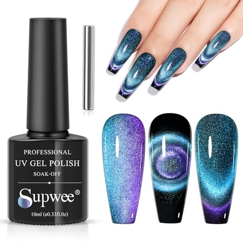 SUPWEE 9D Cat Eye Gel Nail Polish with Magnet, Blue & Purple Magnetic Gel Polish Magic Chameleon Galaxy Effect Holographic Glitter Upgraded Manicure Soak Off Nail Art Salon