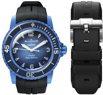 BONACE Armband für Blancpain Swatch,gebogenes,weiches Gummi,Ersatzband für Swatch Blancpain Fifty Fathoms,22 mm Schnellverschluss-Armband für Blancpain x Swatch Herren Damen (Schwarz)