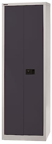 BISLEY Universal Flügeltürenschrank abschließbar - Stahlschrank schmal mit 3-Punkt-Schloss & Flügeltüren - Aktenschrank aus Metall mit 4 Fachböden für 5 Ordnerhöhen - Farbe: lichtgrau/anthrazit