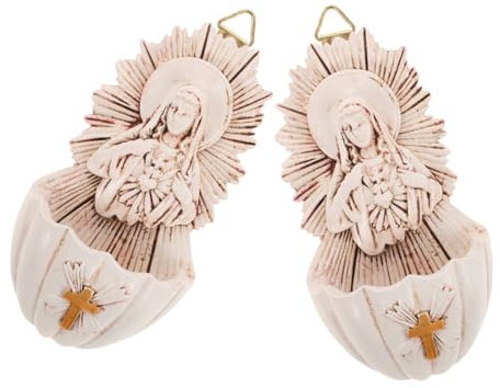 Warmhm 2pcs Family Holy Water Basin Wall Holy Water Font Holy Water Holder Holy Water Container Holy Water Wall Mount Catholic Wall Hanging Statue Holy Water Vessel Wall Decor Beige Resin