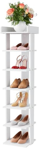 Tienily 7-Tier Narrow Shoe Rack, Wooden Shoe Shelf, Tall Slim Vertical Shoe Display Stand Holder for Entryway, Hallway, Home, Bedroom