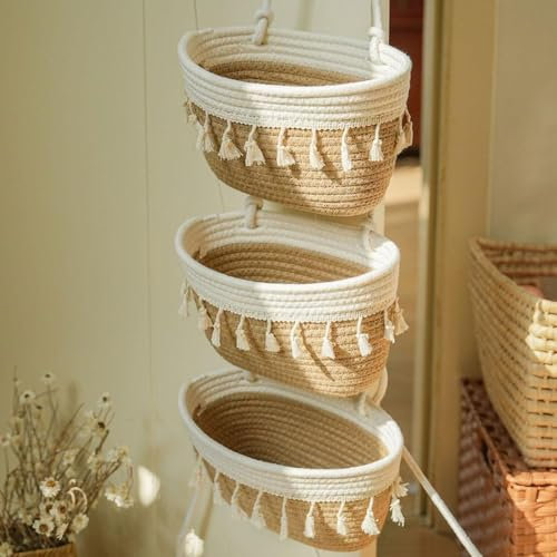 Carroterr Panier à suspendre mural tissé à 3 niveaux, panier à suspendre sur une porte, panier de rangement décoratif amovible, panier de rangement décoratif à suspendre pour cuisine, salle de bain