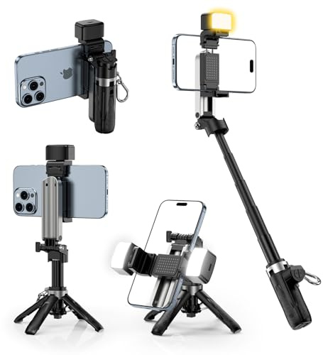 CloudValley PocketFlex Mini Tripod with Fill Light & Zoom Control, 3-in-1 Pocket Selfie Stick, Clamp Mount, Bluetooth Remote for iPhone/Android Vlog & Photo