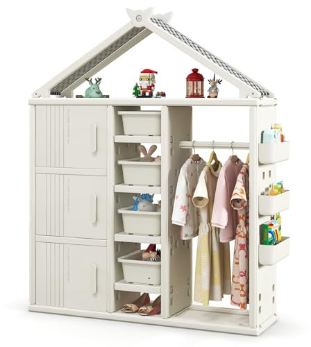 COSTWAY Armoire à Vêtements Enfant en HDPE avec Tige de Suspension & 5 Étagères & 3 Cubes, Portant à Vêtements Enfant avec Panier Latéral Ajustable & 4 Bacs, Organisateur pour Livres Jouets (Blanc)