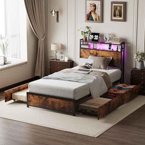 Bonnlo Single Bed Frame with 4 Storage Drawers & Charging Station (2 USB/2 Outlets & 1 Type-C Ports), Single Metal Bed Frames - Storage Headboard & LED Light for Adults Teenagers, No Mattress,90x190cm