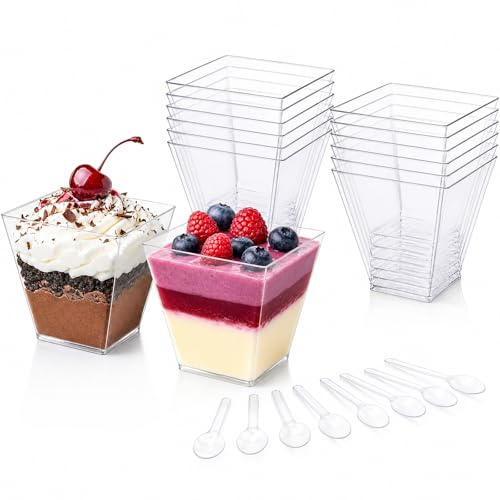 WenYa 50 Plastic Dessert Cups (Square, 110ml), Clear Hard Plastic Cups for Mousse, Fruit Cake, Trifle, Pudding – Sturdy Individual Serving Bowls for Party, Wedding, Birthday, Buffet