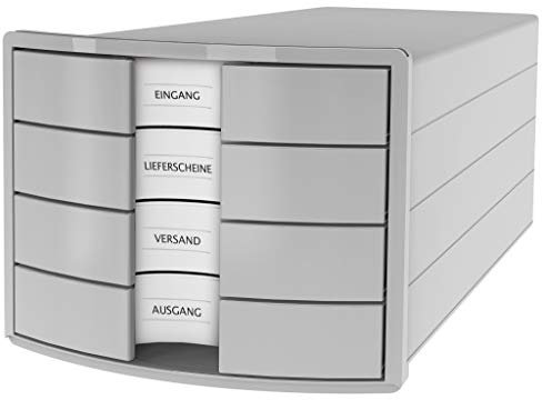 HAN Schubladenbox IMPULS 2.0 mit 4 geschlossenen Schubladen für DIN A4/C4 inkl. Beschriftungsschilder, Auszugsperre, möbelschonende Gummifüße, Design in premium Qualität, 1012-11, lichtgrau