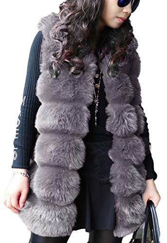 YOUCAI Gilet en Fausse Fourrure Sans Manches Femme Chaud Élégant Duveteux Fourrure Artificielle Manteau Veste Mi-Longue Trench Parka,L,Gris 1