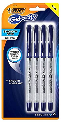 BIC Gel-ocity Smooth Stic Gel Pens, Fine Point, 0.5mm, Blue Ink, 4 Count