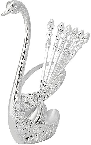 Coffee Spoon Set,6pcs Stainless Steel Mini Dessert Teaspoons Flatware Creative Espresso Tableware Swan Base Holder Organizer Household Decoration Dinnerware for Cappuccino Sugar Cake Soup(Silver)