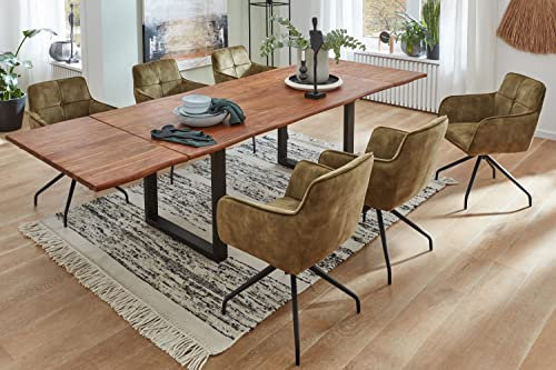 SAM 7tlg. Essgruppe Norina 220 (320) x 100 cm, Akazienholz nougatfarben + massiv, Esszimmertisch mit 2 Ansteckplatten, Baumkantentisch mit U-Gestell in Schwarz, 6 x Armlehnstuhl Malaga