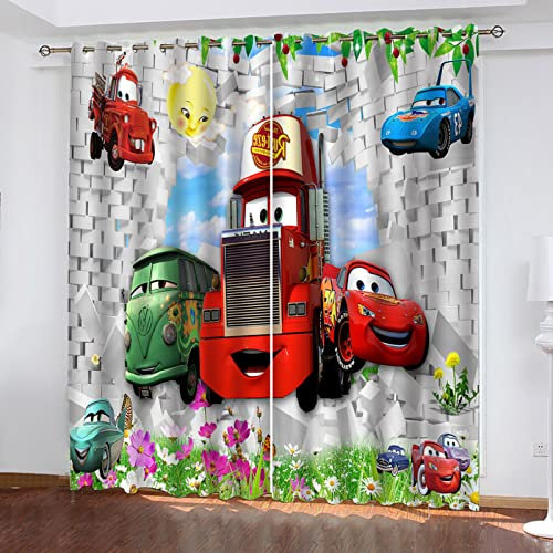 ELGISI Gardinen Wohnzimmer Kinderzimmer Verdunkelungsvorhang 3D Digitaldruck 3D Cartoon Rotes Auto Vorhänge Blickdicht Schlafzimmer Thermovorhang Mit Ösen, 2Er Set 160X140Cm(H X B)