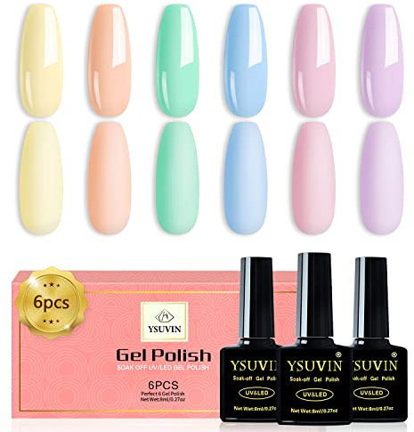 YSUVIN Vernis Semi Permanent, 6 Couleurs Pastel Macaron Dété Vacances Bonbons Vernis à Ongles Rose Violet Bleu Cyan Jaune Gel Soak Off UV Manucure Kit Salon De Manucure DIY Pour Femmes