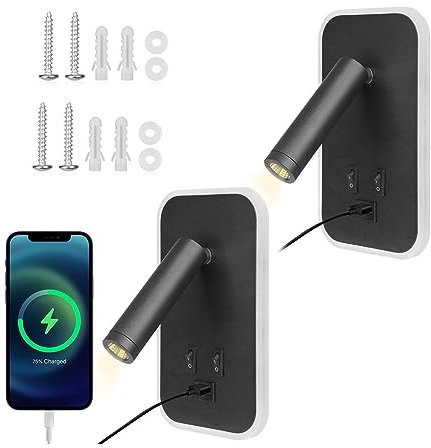 Towwoo Lampe de Chevet Murale, 2PCS Liseuse Murale avec Interrupteur et Port de Charge USB, 3W+9W 3000K Liseuse de Chevet Rotatif, Lumières Mural Lit Lampe Murale Couloir Hotel Noir