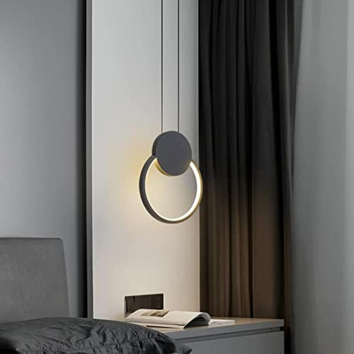 Pendelleuchte LED Schlafzimmer Nachttischlampe Modern Ring Runde Schwarz Lampenschirm Küche Hängeleuchte Warmes/Warmweißes/Weißes Licht Höhenverstellbare Kreativ Design Kronleuchter Ø20cm (6000K)