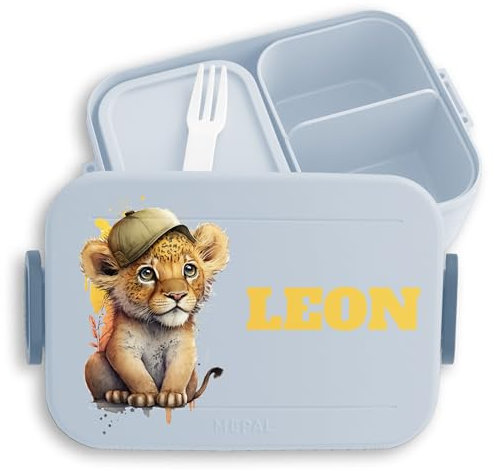 Kinder Bento Box Midi Lunchbox für Mepal Bentobox - Süßer Löwe Löwen Lion Leo - 900 ml - Hellblau - brotdose junge kindergarten brotzeitbox mädchen kita tiere snackbox fächern