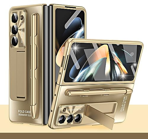 Miimall Hülle Kompatibel mit Samsung Galaxy Z Fold 3 Hülle mit Stift+Stifthalter, Fold 3 Hülle mit Displayschutz Kratzfest Ultradünn PC Handyhülle mit Ständer für Galaxy Fold 3-Champagner Gold