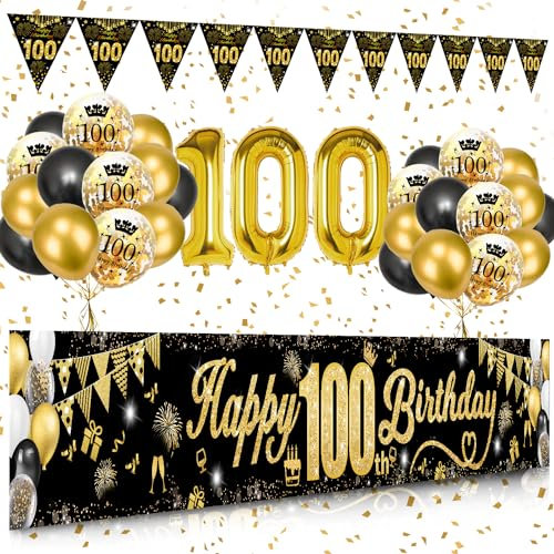 100 Geburtstag Dekoration Mann Frau, Schwarzes Gold 100. Geburtstags Deko, Happy 100th Birthday Banner, Zahl 100 Schwarzes Gold Konfetti Luftballons, Feuerwerk Dreieckiges Flaggenbanner