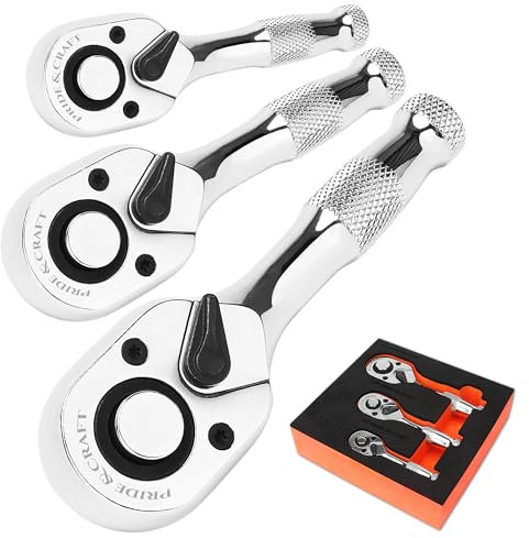 PRIDE&CRAFT 3pc Stubby Ratchet Wrench Set, 1/4, 3/8, 1/2 Drive Mini Small Ratchet, 72-Tooth, Socket Wrench Quick Release Reversible Design, Chrome Alloy Made, EVA Organizer