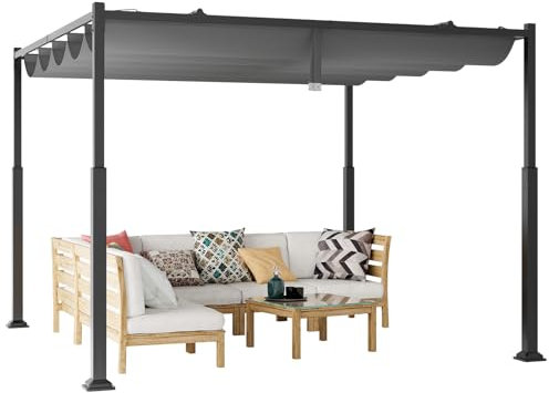 GYMAX Pergola Gazebo da Giardino 3,1 x 3,1 M, con Tettuccio Retrattile, Gazebo a Pergola da Esterno in Metallo Resistente, Padiglione da Patio Moderno a Tetto Piatto