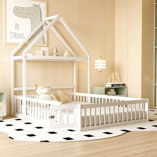 Kinderbett Bodenbett Doppelbett 140x200 cm mit Sicherheitsgitter&Lattenrost&Dach&Kleiderstange, Montessori Bett Bed Gitterbett Hausbett Holzbett Bettgestell Jugendbett, Kiefernholz, Ohne Matratze,Weiß