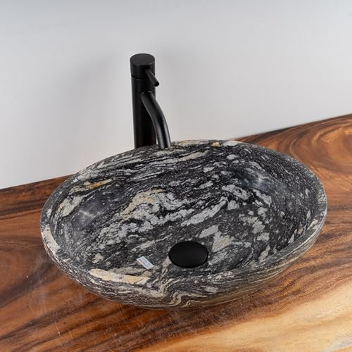 MIDUSO Fregadero único de piedra de río – Fregadero natural hecho a mano – Elegante fregadero ovalado para baños de lujo – Piedra única y rara, elige tu diseño en opciones de color