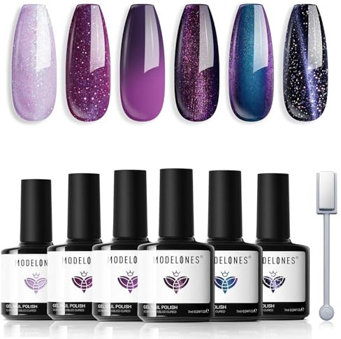Modelones Cat Eye UV Gel Nagellack Magnet 6 Farbe Gel Nagellack Nail Polish Manicure Soak Off UV Nägel Gellack für Nail Art - Galaxie-Lila Sternenhimmel-Schwarz