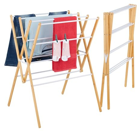 Relaxdays foldable dryer, 12 rods, HxWxD: 93 x 70 x 62 cm, bamboo, metal, tower airer, natural/white | H x W x D: 93 x 70 x 62 cm, bamboo, metal, tower clothes airer
