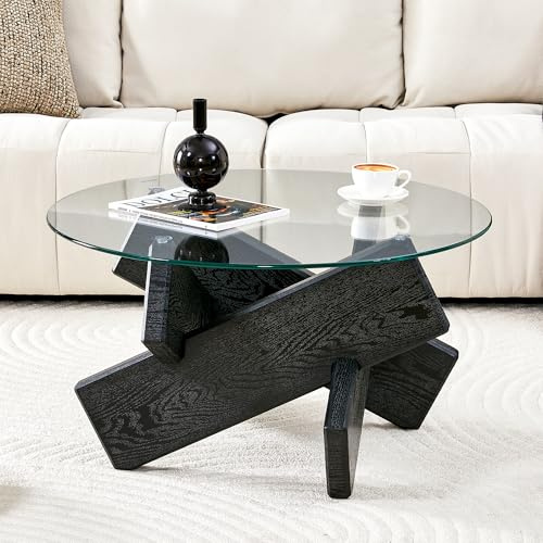 phosir Table basse ronde avec plateau en verre et pieds en grain de bois, Ø 79 x 45 cm, table de salon moderne avec cadre en croix, verre trempé, design MDF + verre, table basse élégante (noir)