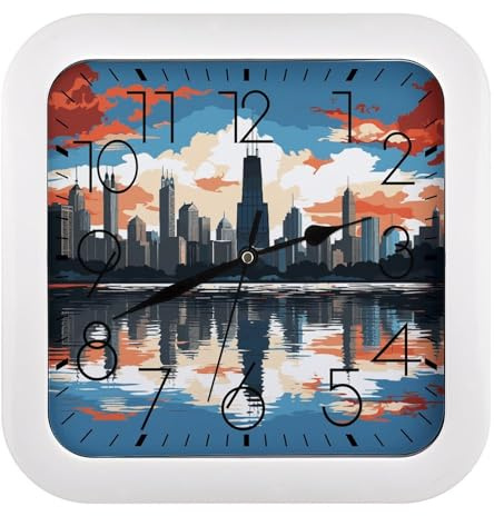 GHBNK Chicago Skyline Wanduhr, leise, nicht tickende Uhr, 25,4 cm, personalisierbar, klassisch, quadratisch, dekorative Digitaluhren für Küche, Wohnzimmer, Büro, Schlafzimmer, Badezimmer