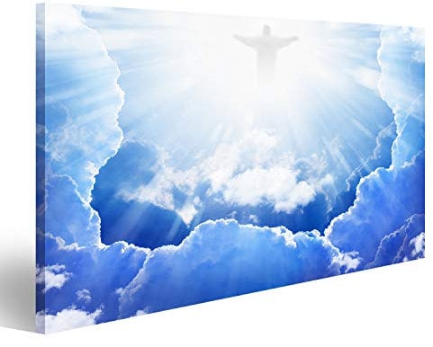 islandburner, Bild auf Leinwand Jesus Christus am blauen Himmel mit Wolken, helles Licht vom Himmel, Auferstehung, Ostern Wandbild Leinwandbild Kunstdruck Poster 80x40cm