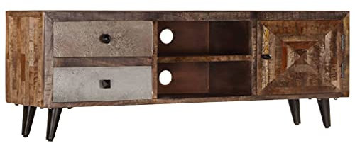 vidaXL TV Cabinet Stand in Solid Mango Wood with Drawers and Compartments - Industrial Design Low Sideboard for Living Room, Bedroom, Office