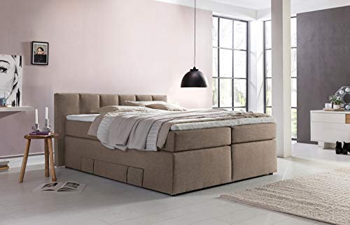 Möbelfreude Doluna Beatrice Boxspringbett 180 x 200 cm Beige H2 | 7-Zonen-Taschenfederkern Matratze + Visco-Topper | 90 cm Kopfteil ideal für Dachschrägen + Bettkasten für Stauraum