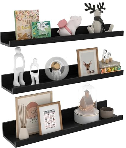 EXYGLO Wandregal 60 cm, Schweberegal Bilderleiste für Wohnzimmer, Küche, Kinderzimmer, Schlafzimmer oder Büro, 3 Stück Regal Wand mit Verschiedenen Größen (Schwarz)