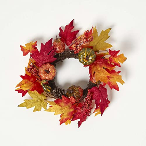 HOMESCAPES Farbenfroher Herbstkranz mit Kunst-Laub, Zapfen und Mini-Kürbissen in Orange-Rot 40 cm, Türkranz Herbst Deko