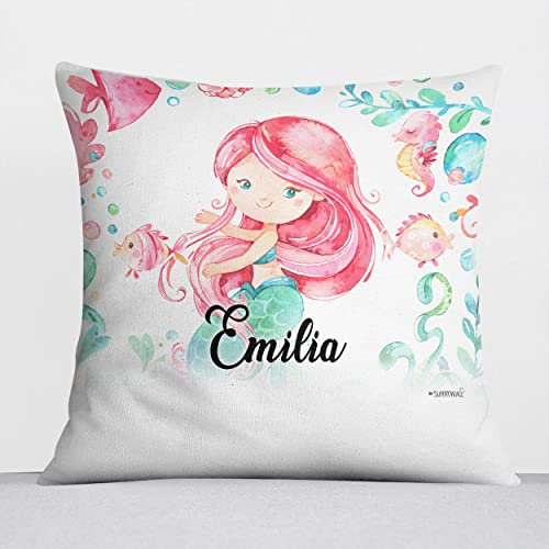 Sunnywall® Kissen mit niedlichen Motiv für Kinderzimmer Babyzimmer Kuschelkissen Tiermotive individuell personalisiert 40 x 40 cm (40 x 40 cm, Meerjungfrau)