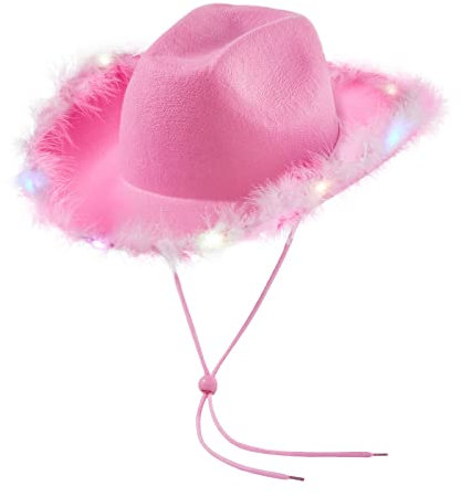 Qianderer Cappelli da cowboy da donna, soffici, con tesa in piuma, con luci a LED, per addio al nubilato, feste in costume, giochi e travestimenti (rosa)