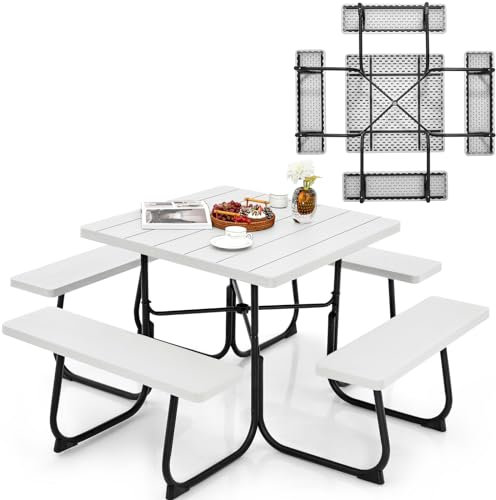 KOMFOTTEU Bierzeltgarnitur für 8 Personen, Quadratisches Picknicktisch Set mit Schirmloch & 4 Bänken, Gartenmöbel Set aus HDPE & Metall, Gartengarnitur Sitzgarnitur für Terrasse (Weiß)