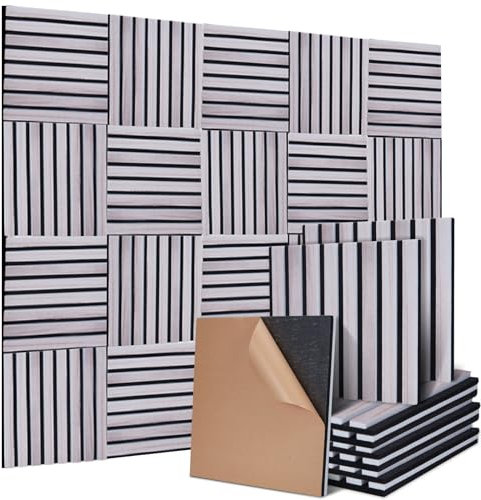 Quadratische Akustikplatten selbstklebend Akustikpaneele Set, 4 Stück je 30 x 32 cm - Walnussfarbene Faserplatte auf Akustik-Filz, Wandverkleidung für Wohnzimmer, HomeOffice & Studio